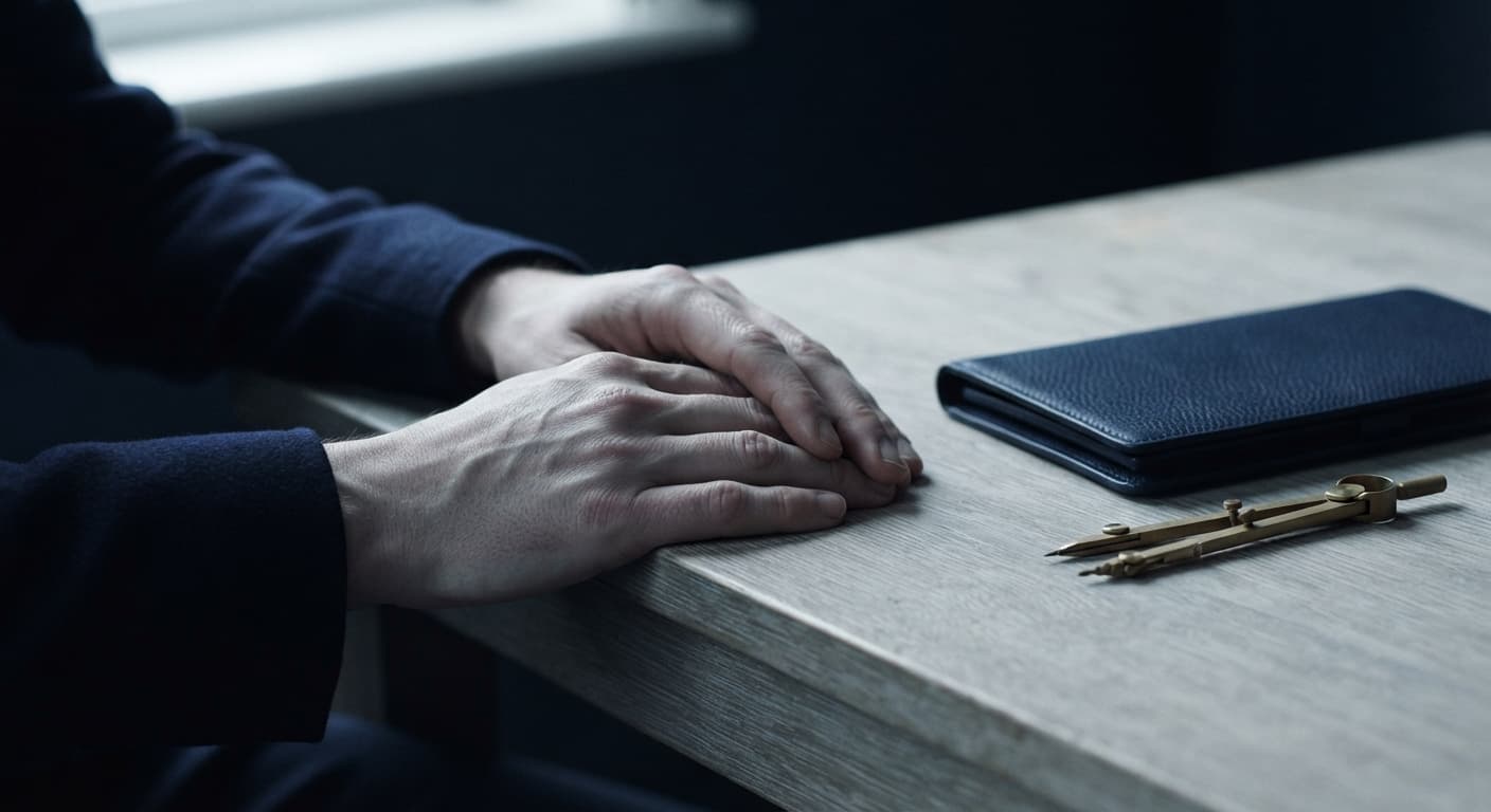 A pair of hands resting folded on a pale desk, a closed leather notebook and a brass compass set beside them.