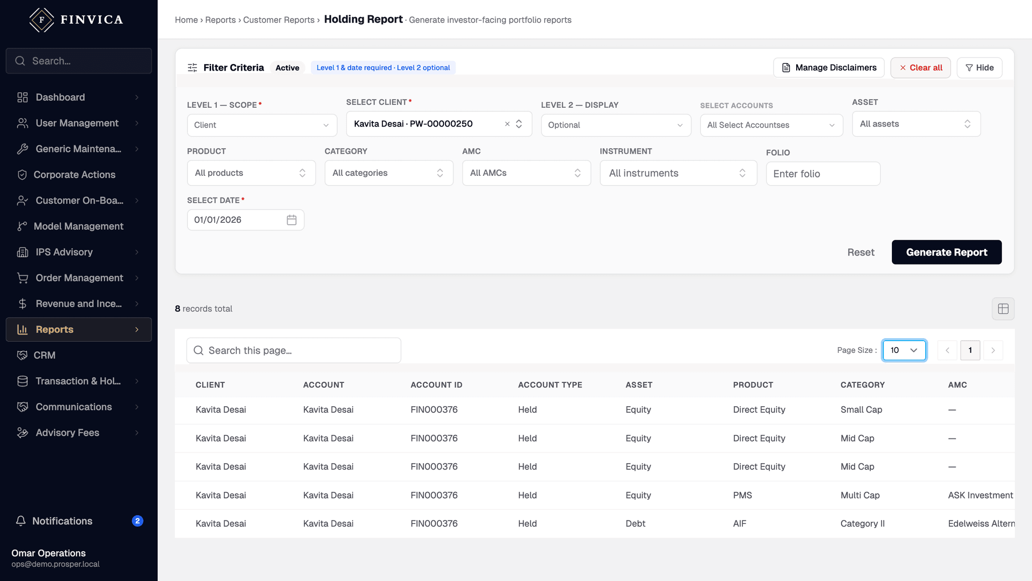 The holding report builder: scope, client, display level, account, asset, product, category, AMC, instrument, folio and as-of date across one filter panel, with the generated rows beneath showing client, account, asset, product and category.