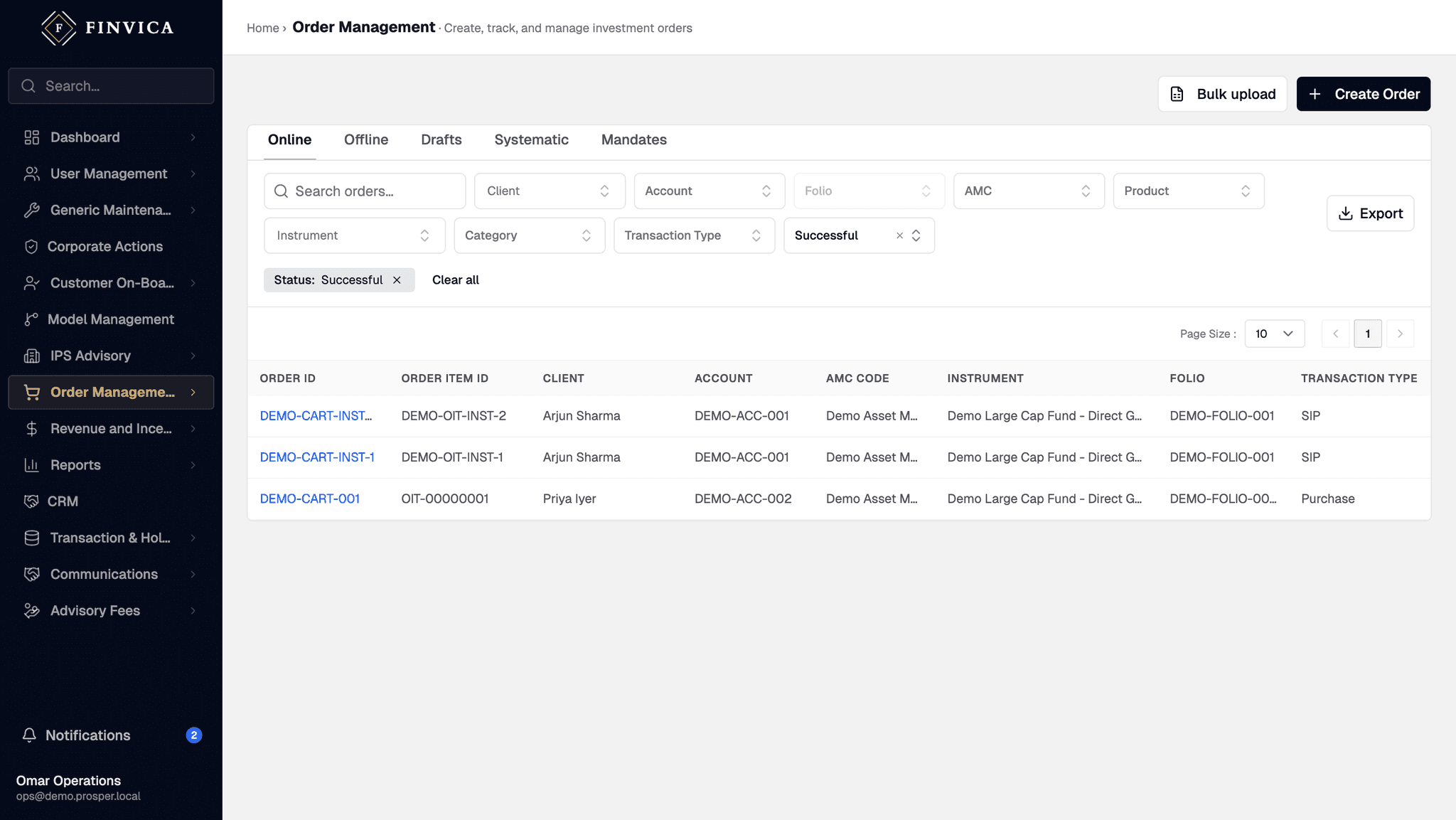 Order management, filtered to successful orders: online, offline, draft, systematic and mandate tabs above a table of orders showing client, account, AMC, instrument, folio and transaction type.